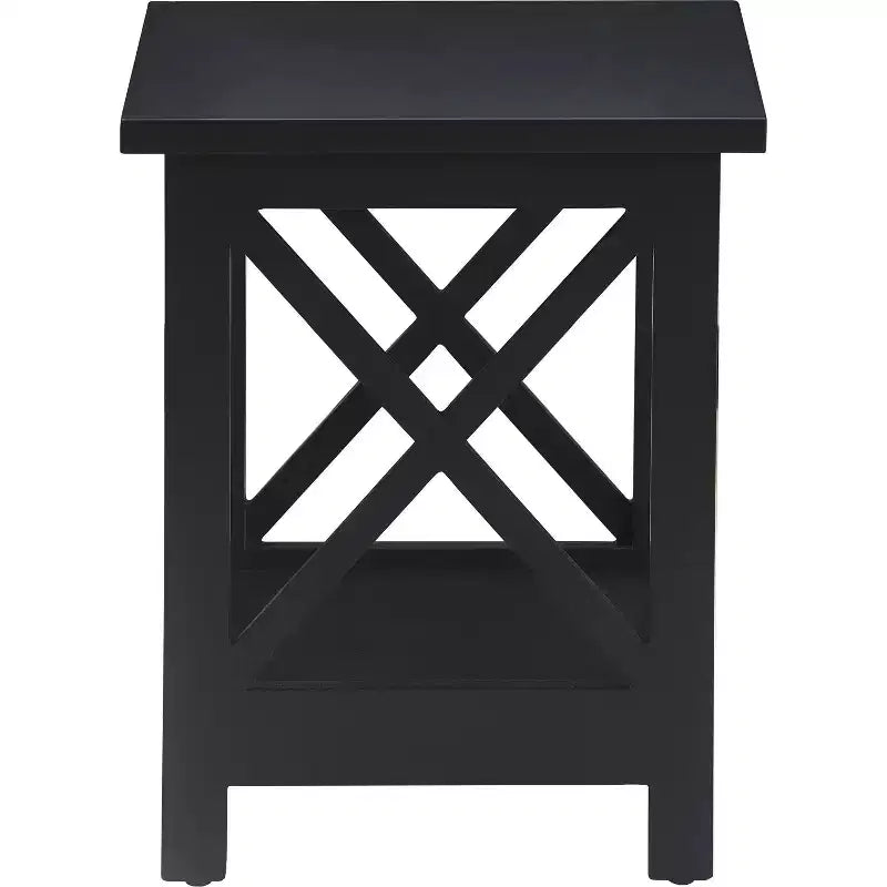 Modern Farmhouse Side Table Black with X-Lattice Sides and Bottom Shelf