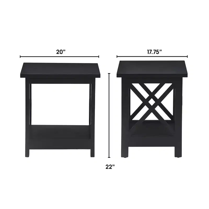 Modern Farmhouse Side Table Black with X-Lattice Sides and Bottom Shelf