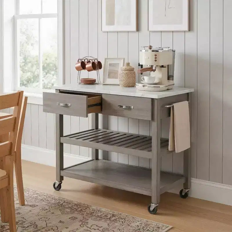 Desserte de cuisine roulante avec plateau en marbre, îlot de cuisine en bois massif avec 2 tiroirs, chariot de cuisine à 3 niveaux avec roues détachables verrouillables et porte-serviettes