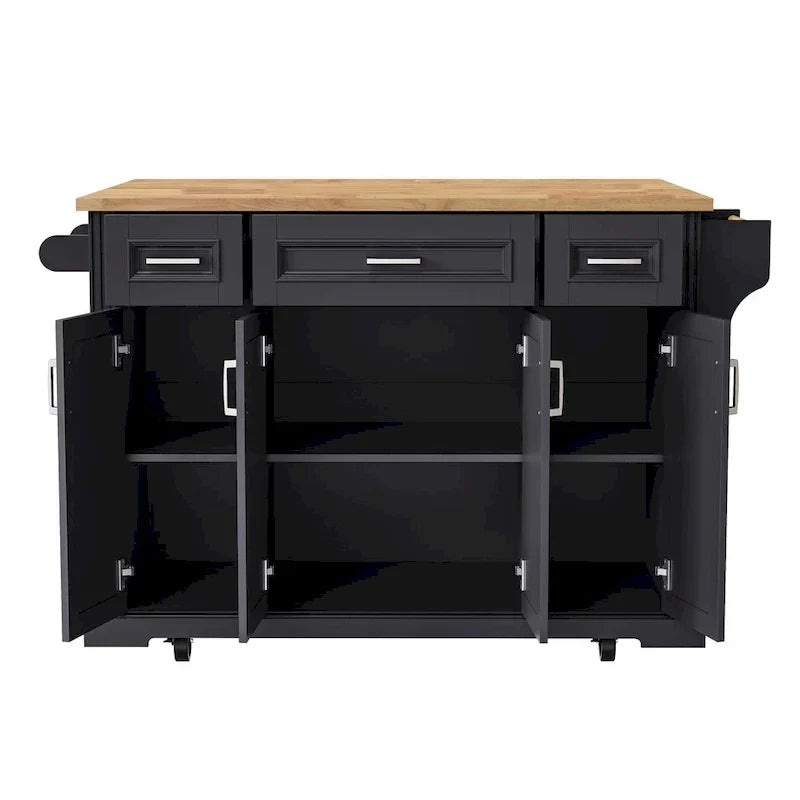 54 Grand îlot de cuisine avec plateau rabattable en bois d'hévéa, chariot de cuisine roulant à texture gaufrée sur 4 roues avec 4 portes et 3 tiroirs