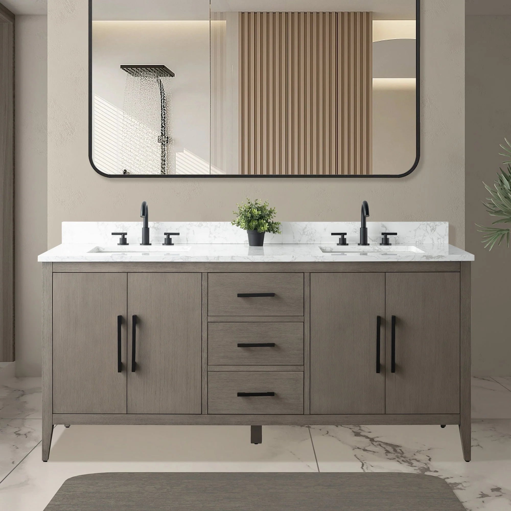 Meuble-lavabo de salle de bain Vanity Art 72 po à double vasque avec dessus en marbre reconstitué