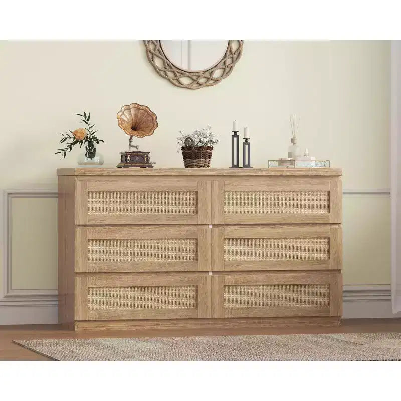 Commode en rotin pour chambre à coucher avec 6 tiroirs, 47 commode large moderne de style ferme, armoire de rangement en bois pour placard, salon, couloir