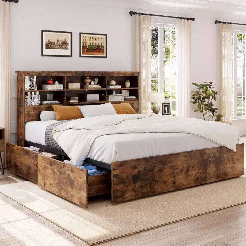 Cadre de lit complet avec tête de lit de rangement, cadre de lit en bois avec 4 tiroirs, bibliothèque de rangement et lit plateforme King Size avec support métallique robuste