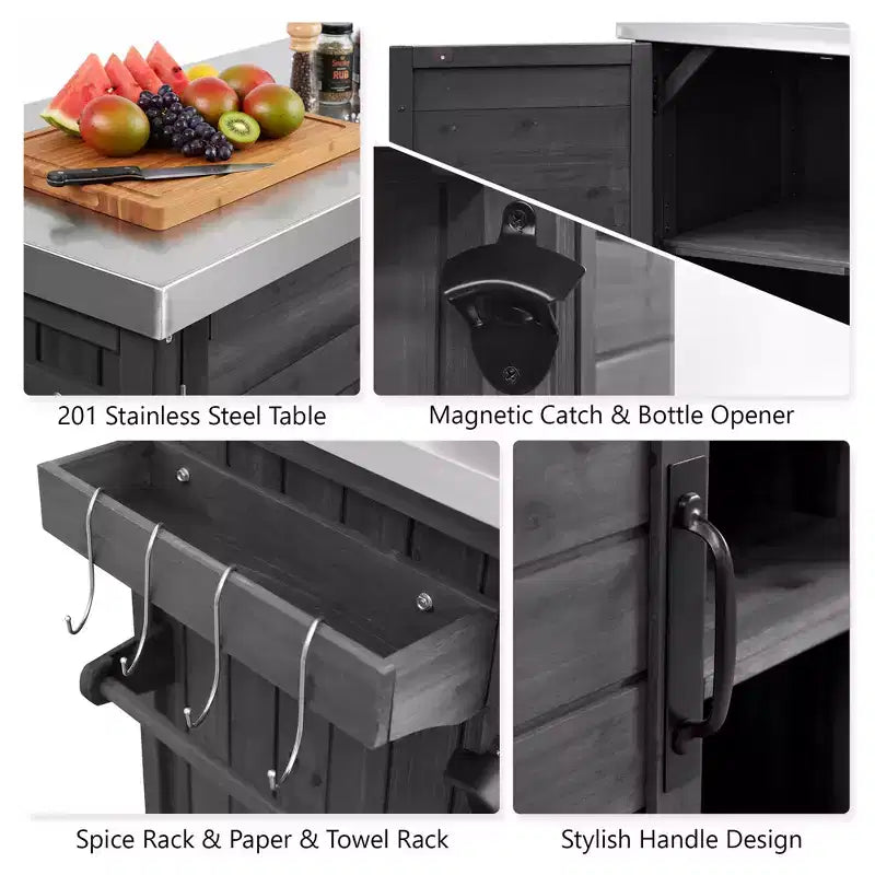 Îlot de cuisine extérieure de 198,9 cm avec comptoir en acier inoxydable, station de barbecue pliable et armoires de rangement, noir
