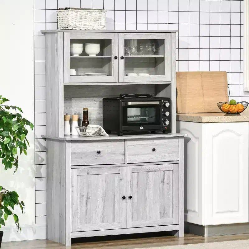HOMCOM Buffet de cuisine 161 cm avec vaisselier, armoire de rangement avec 4 étagères, tiroirs, portes vitrées, comptoir ouvert pour micro-ondes