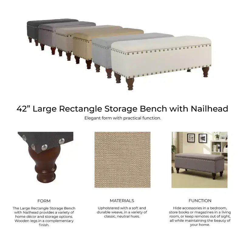 Large Storage Bench with Nailhead Trim, Linen Fabric