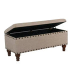 Grand banc de rangement avec clous décoratifs, tissu en lin