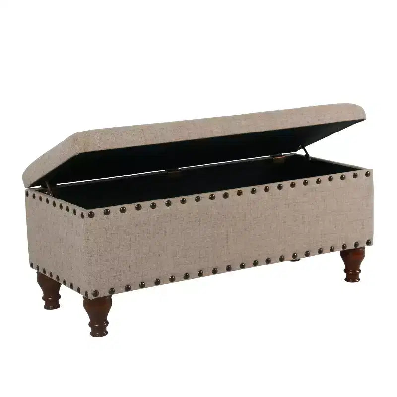 Large Storage Bench with Nailhead Trim, Linen Fabric