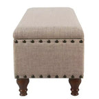 Grand banc de rangement avec clous décoratifs, tissu en lin