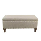 Grand banc de rangement avec clous décoratifs, tissu en lin