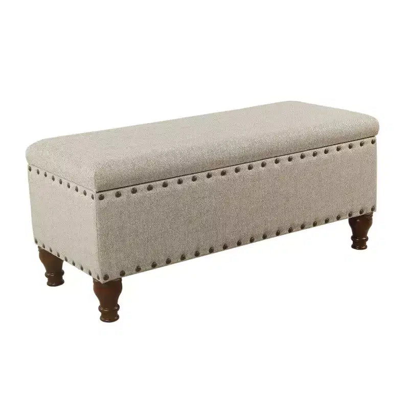 Large Storage Bench with Nailhead Trim, Linen Fabric