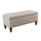 Grand banc de rangement avec clous décoratifs, tissu en lin