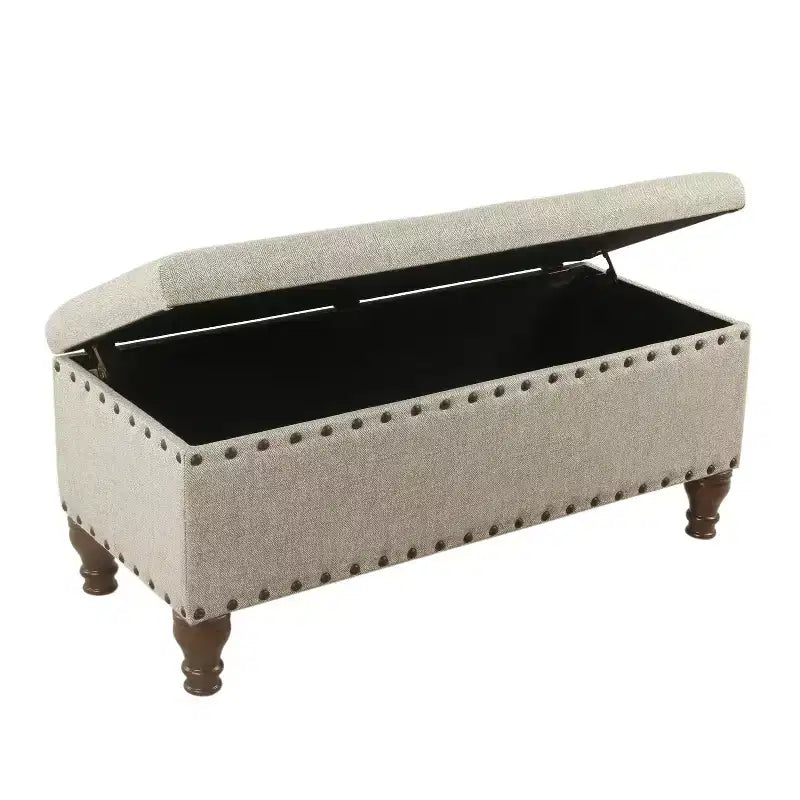 Large Storage Bench with Nailhead Trim, Linen Fabric
