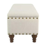 Grand banc de rangement avec clous décoratifs, tissu en lin