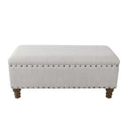 Grand banc de rangement avec clous décoratifs, tissu en lin