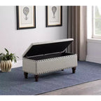 Grand banc de rangement avec clous décoratifs, tissu en lin