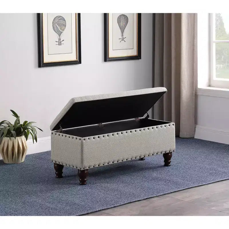 Large Storage Bench with Nailhead Trim, Linen Fabric
