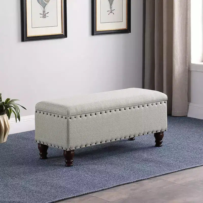 Large Storage Bench with Nailhead Trim, Linen Fabric