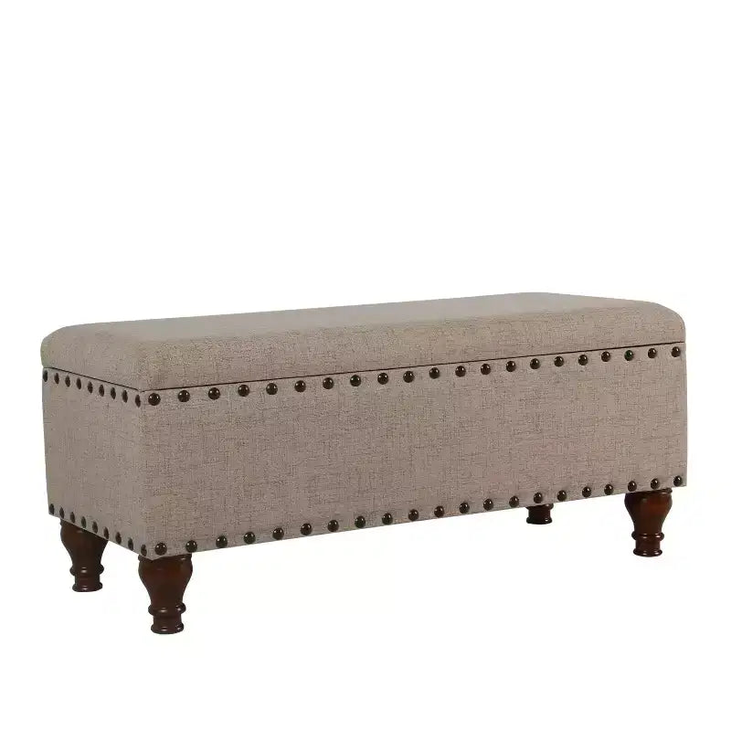 Large Storage Bench with Nailhead Trim, Linen Fabric