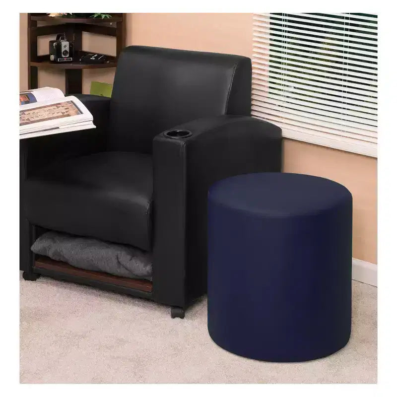 Round Plush Ottoman Navy Blue Vinyl