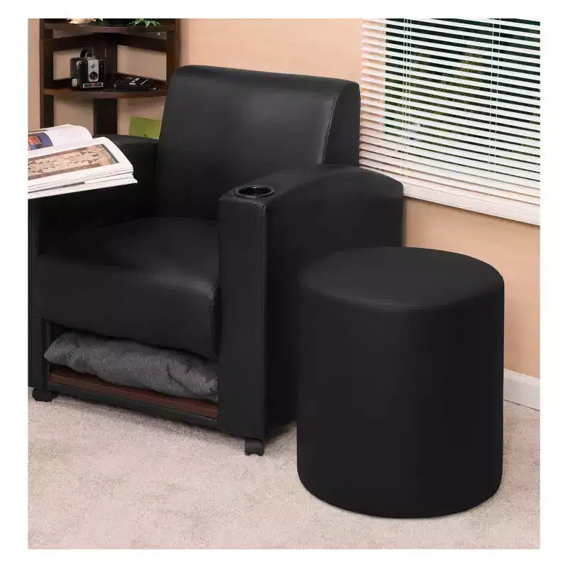 Round Plush Ottoman Navy Blue Vinyl