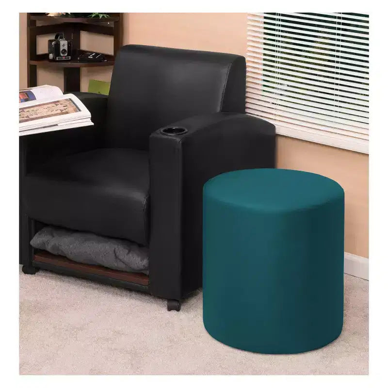 Round Plush Ottoman Navy Blue Vinyl