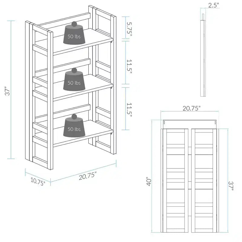 37" Folding 3-Shelf Bookcase