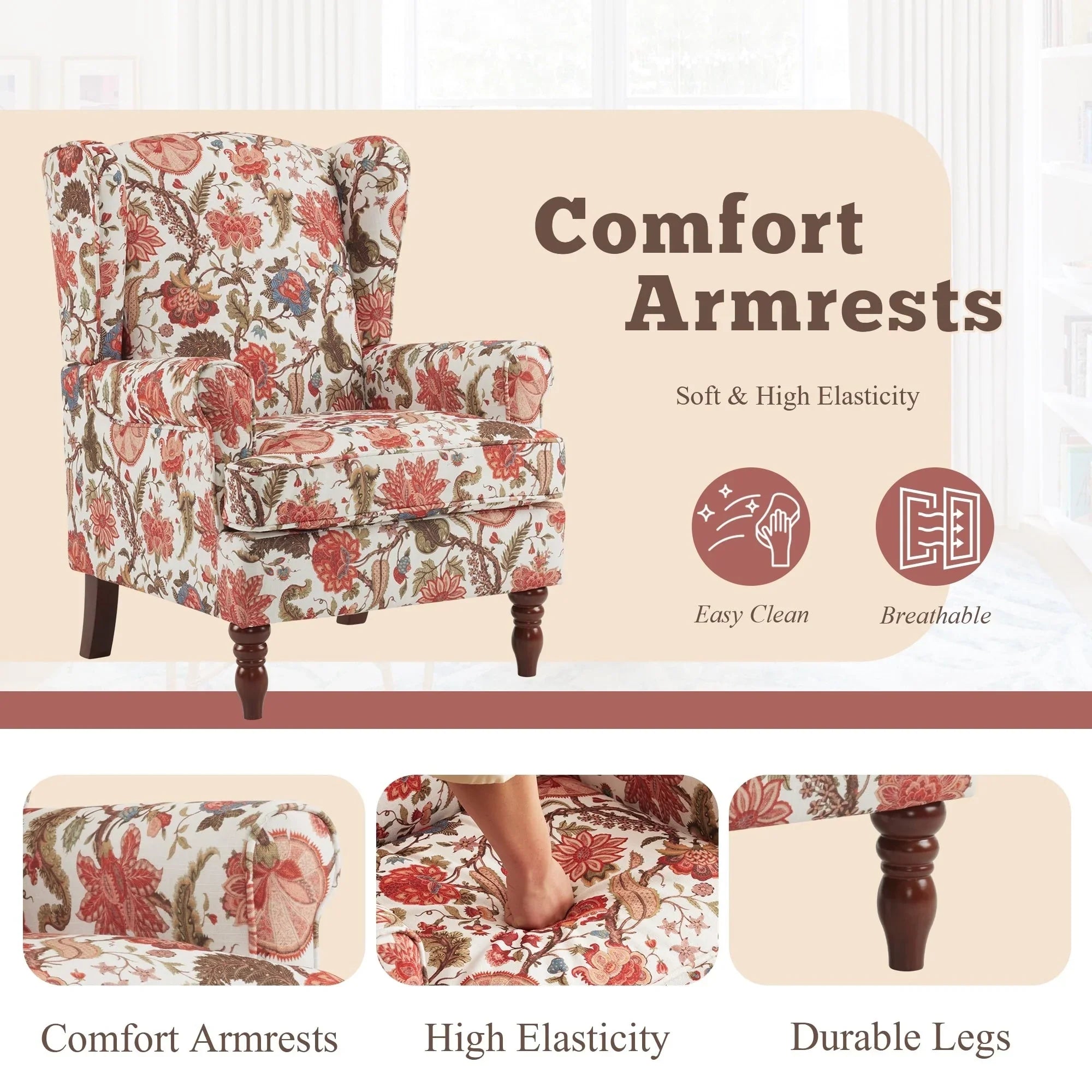 Fauteuil d'appoint moderne Erommy, fauteuil à dossier haut, canapé simple en tissu rembourré avec boutons et pieds en bois pour salon