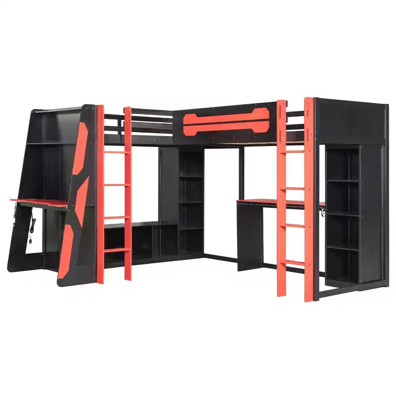Lit mezzanine de jeu en L avec bureaux, lits superposés doubles avec lumières LED, ports USB, étagères de rangement, lit mezzanine d'angle en bois pour 2 personnes