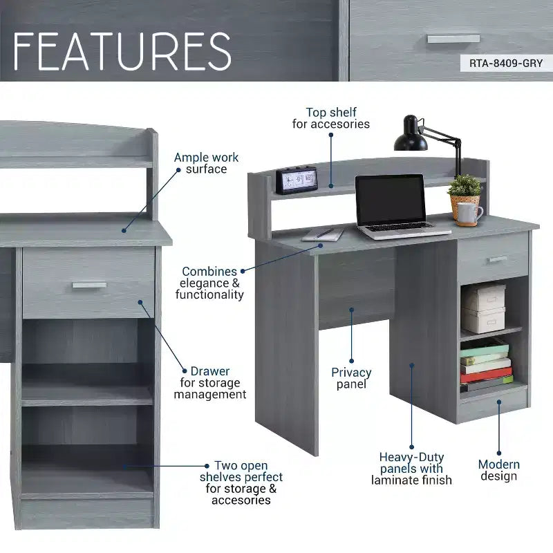 Modern Office Desk with Hutch, Gray