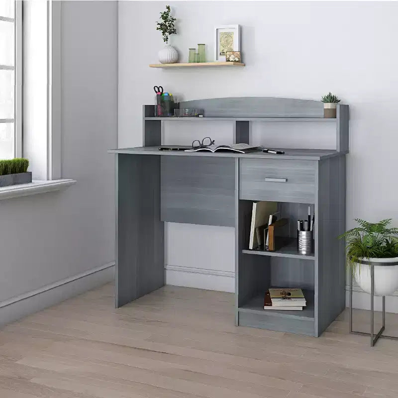Modern Office Desk with Hutch, Gray