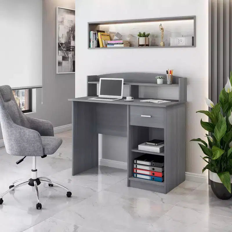 Modern Office Desk with Hutch, Gray