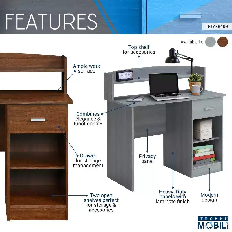 Modern Office Desk with Hutch, Gray