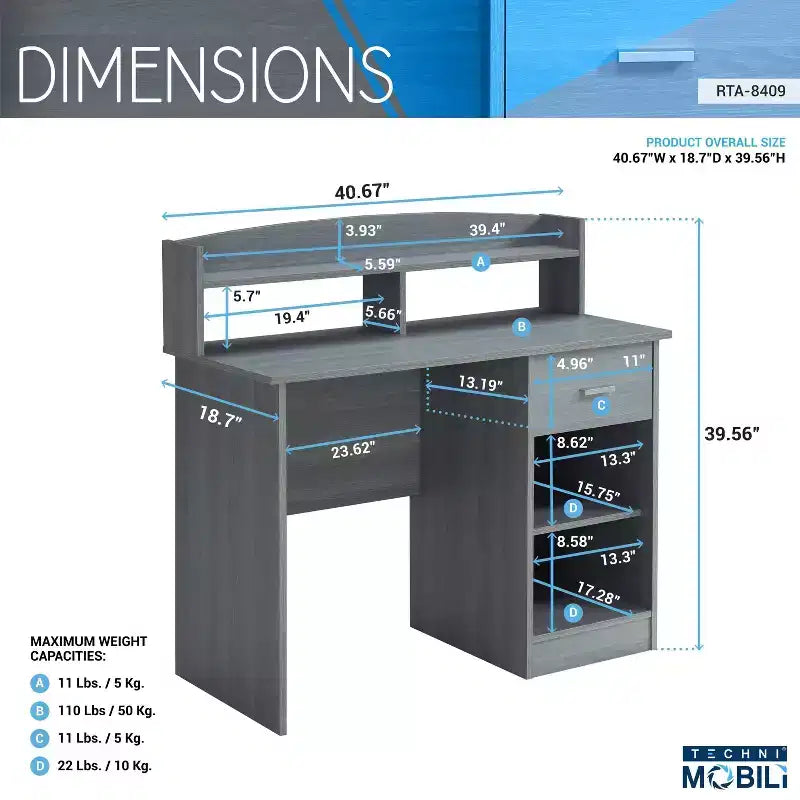 Modern Office Desk with Hutch, Gray