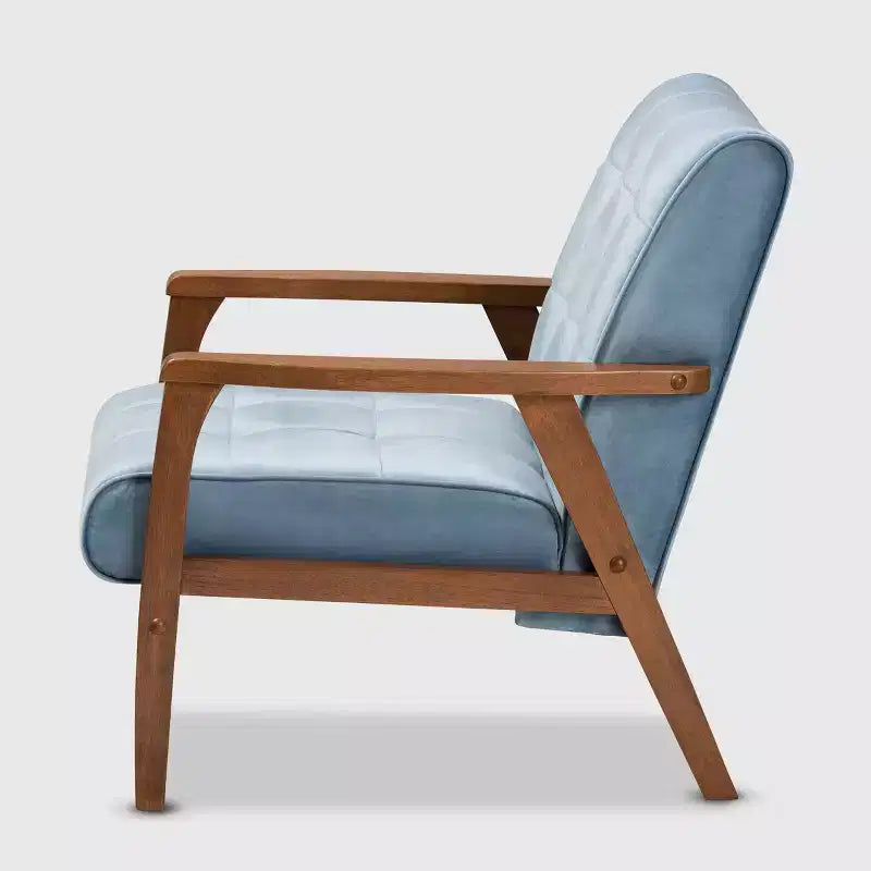 Velvet Upholstered Mid-Century Wood Armchair