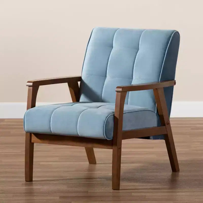 Velvet Upholstered Mid-Century Wood Armchair