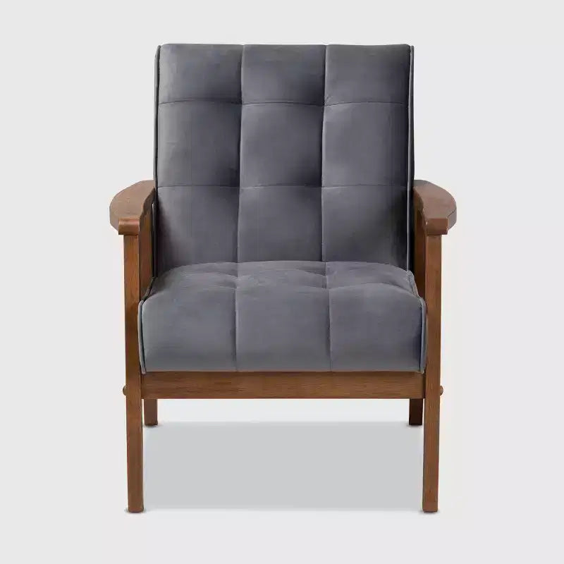 Velvet Upholstered Mid-Century Wood Armchair