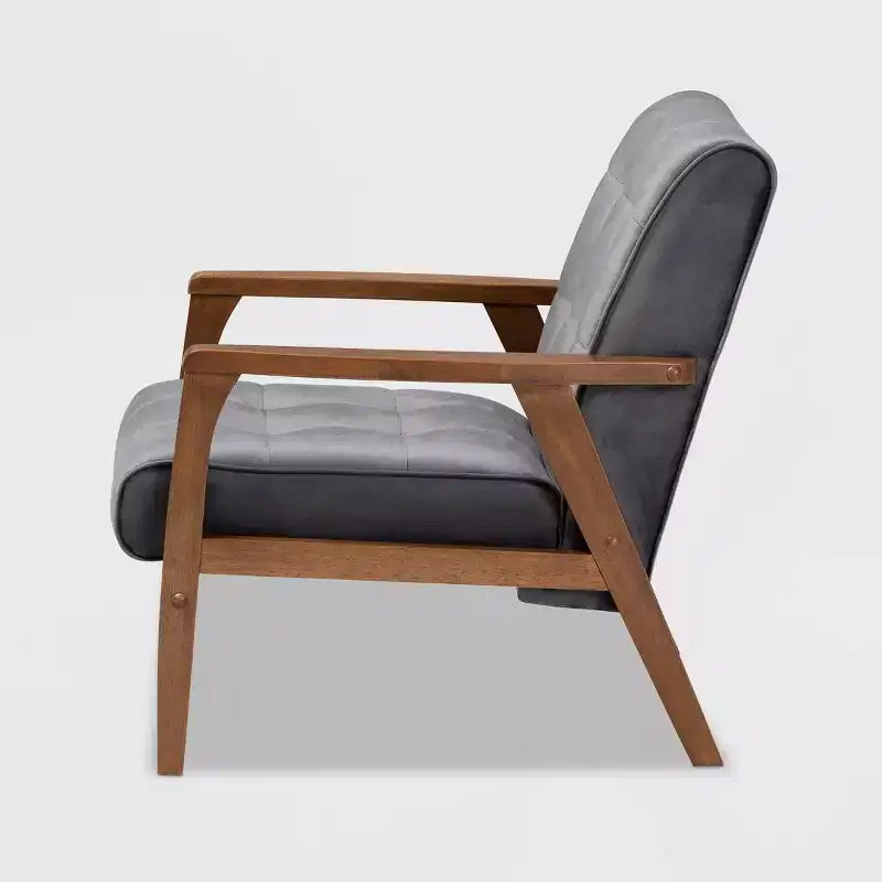 Velvet Upholstered Mid-Century Wood Armchair