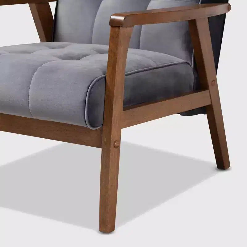 Velvet Upholstered Mid-Century Wood Armchair
