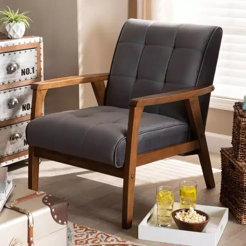 Velvet Upholstered Mid-Century Wood Armchair
