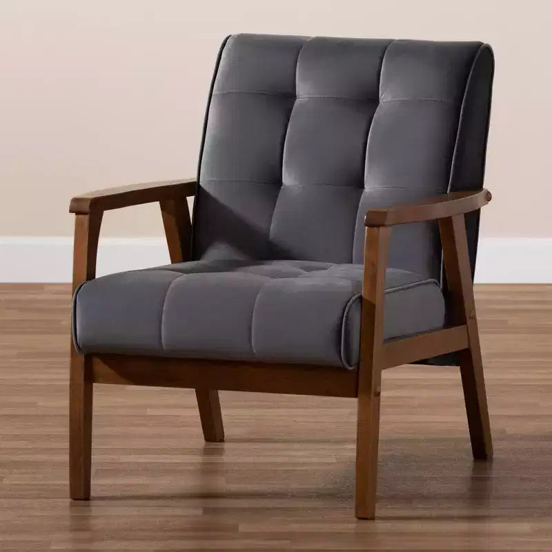 Velvet Upholstered Mid-Century Wood Armchair