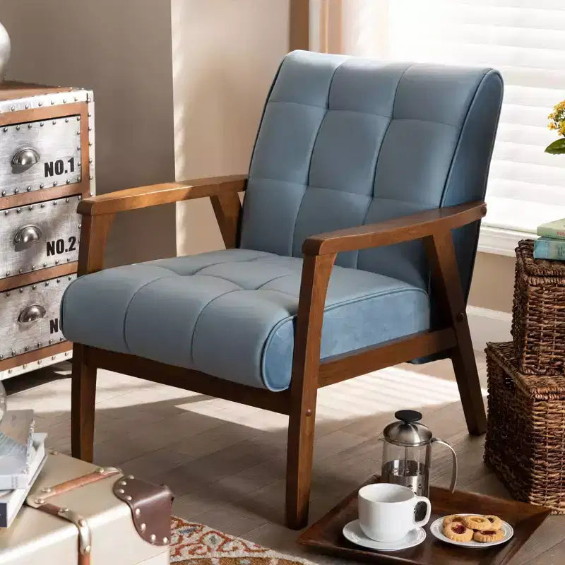 Velvet Upholstered Mid-Century Wood Armchair