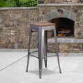 30" Backless Silver Antique Finish Metal Barstool with Square Wood Seat