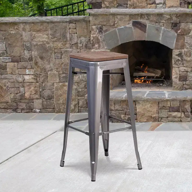 30" Backless Silver Antique Finish Metal Barstool with Square Wood Seat