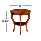 Table d'appoint ronde vintage en bois de cerisier de 66 cm de large avec étagère inférieure, pieds incurvés marron pour salon, chambre à coucher, chevet.