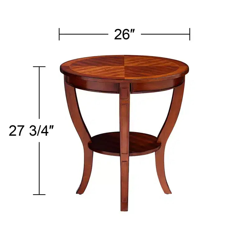 Vintage Cherry Wood Round Accent Side End Table 26 Wide with Lower Shelf, Brown Curving Legs for Living Room Bedroom Bedside