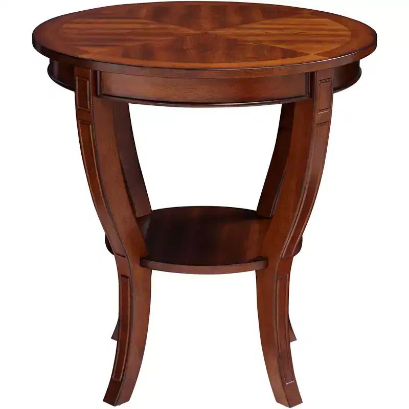 Vintage Cherry Wood Round Accent Side End Table 26 Wide with Lower Shelf, Brown Curving Legs for Living Room Bedroom Bedside