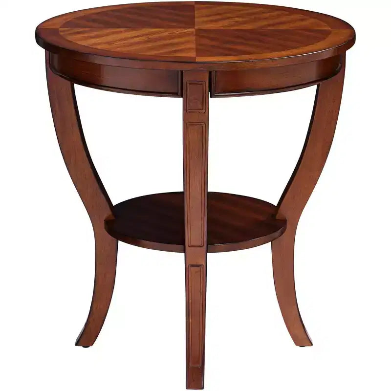Vintage Cherry Wood Round Accent Side End Table 26 Wide with Lower Shelf, Brown Curving Legs for Living Room Bedroom Bedside