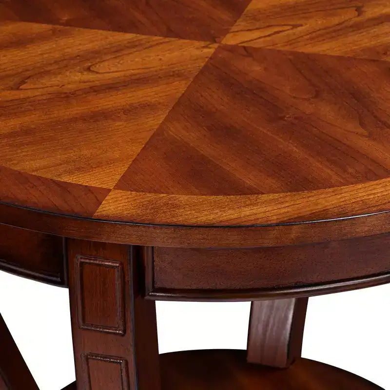 Vintage Cherry Wood Round Accent Side End Table 26 Wide with Lower Shelf, Brown Curving Legs for Living Room Bedroom Bedside