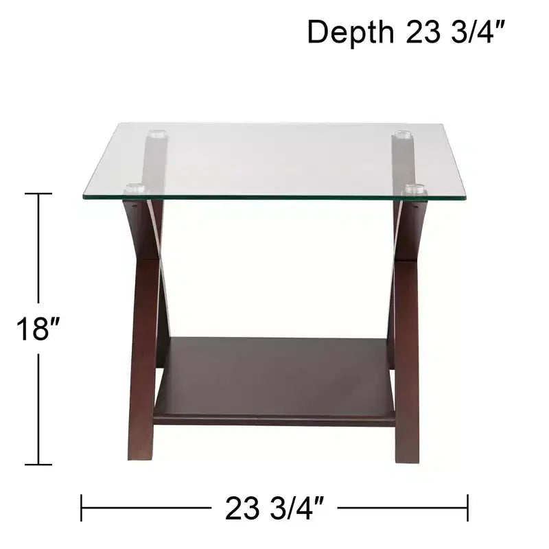 Modern Espresso Wood Square Accent Side End Table 23 3/4 Wide with Shelf, Brown Clear Glass Tabletop for Living Room Bedroom Entryway